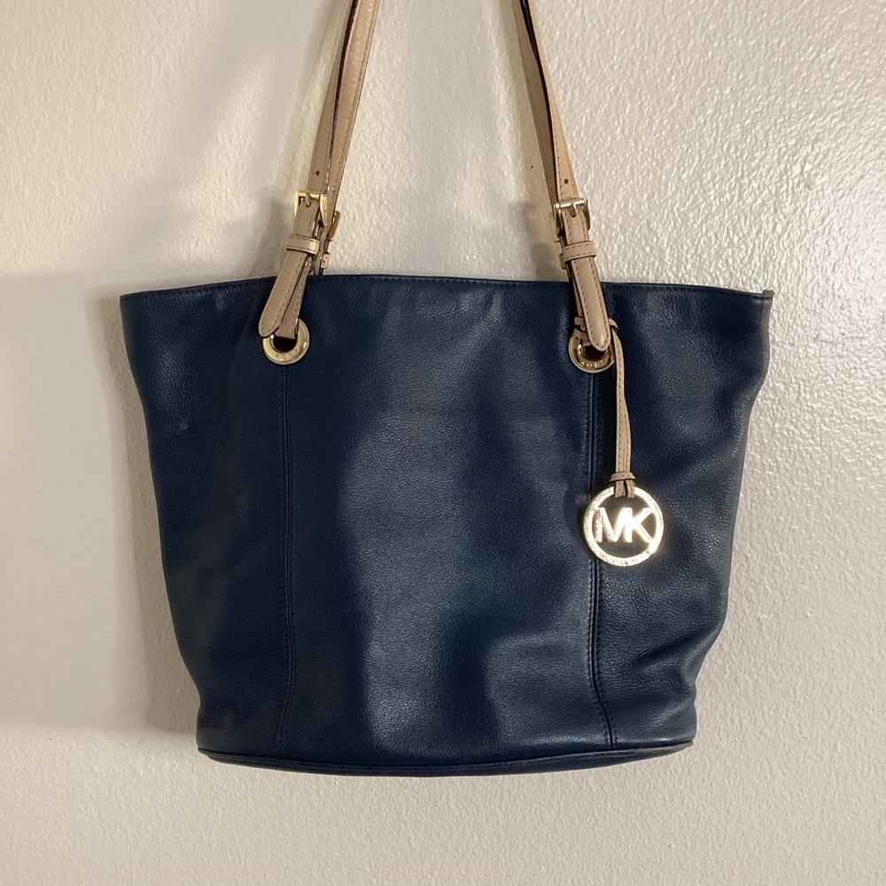 Michael Kors Navy Leather Tote with Tan Straps and Gold Charm - Picture 2 of 11